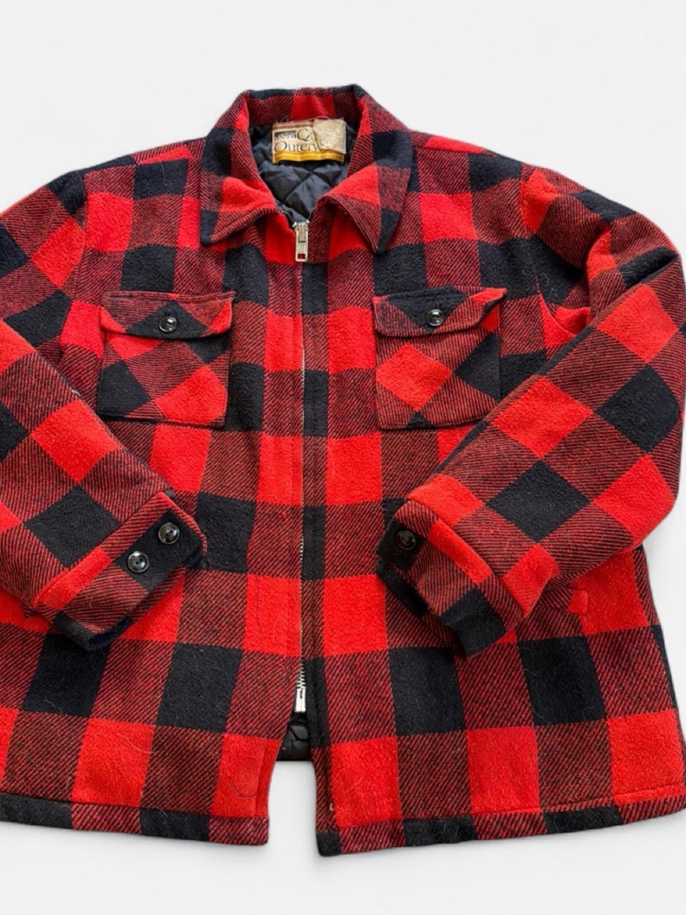 1970’s Vintage Men's Red & Black Buffalo Plaid Flannel Zip Jacket (no size)